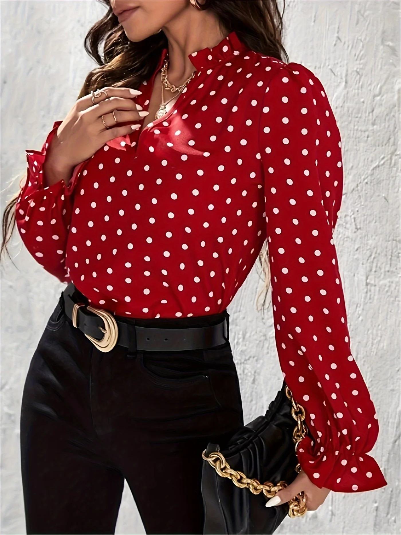 Polka-dot Print Notched Neck Blouse, Versatile Puff Sleeve Blouse For Spring & Fall, Women's Clothing - Deanwangkt