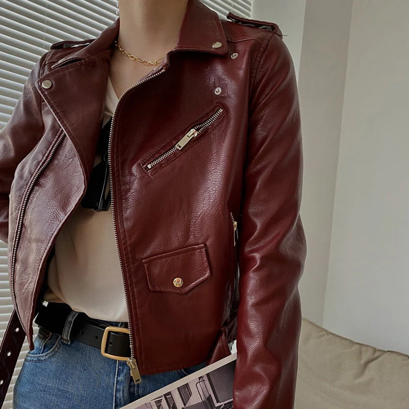 Black Friday Sales New Spring Autumn Women Moto Biker Pu Faux Leather Short Jacket With Belt Streetwear Female Zipper Classic Coat Outwear - Deanwangkt