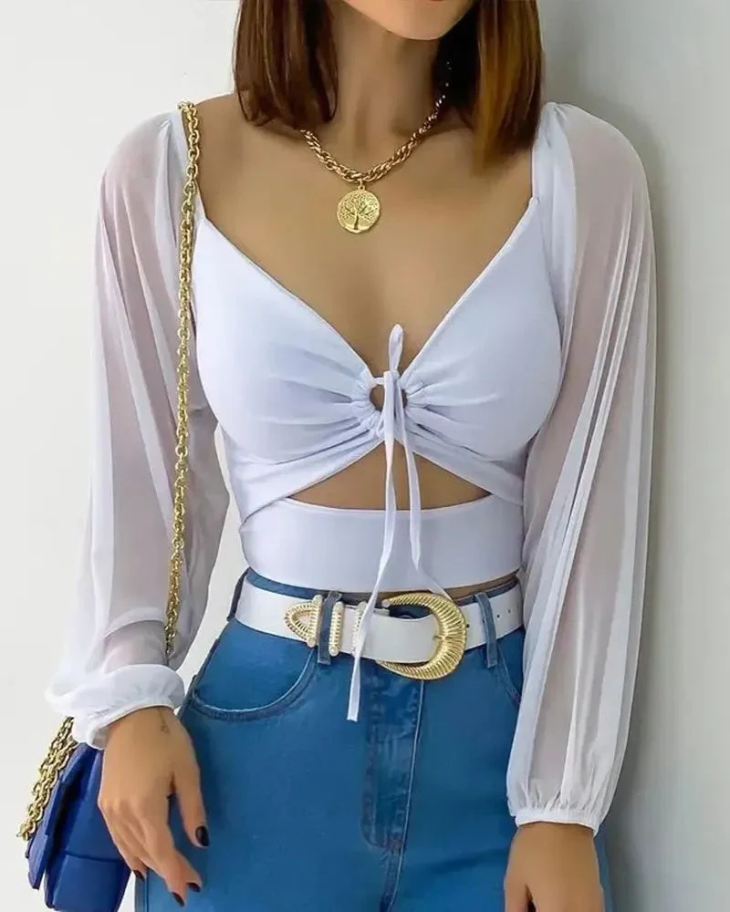 Deanwangkt - Sheer Mesh Long Sleeve Crop Top - Deanwangkt