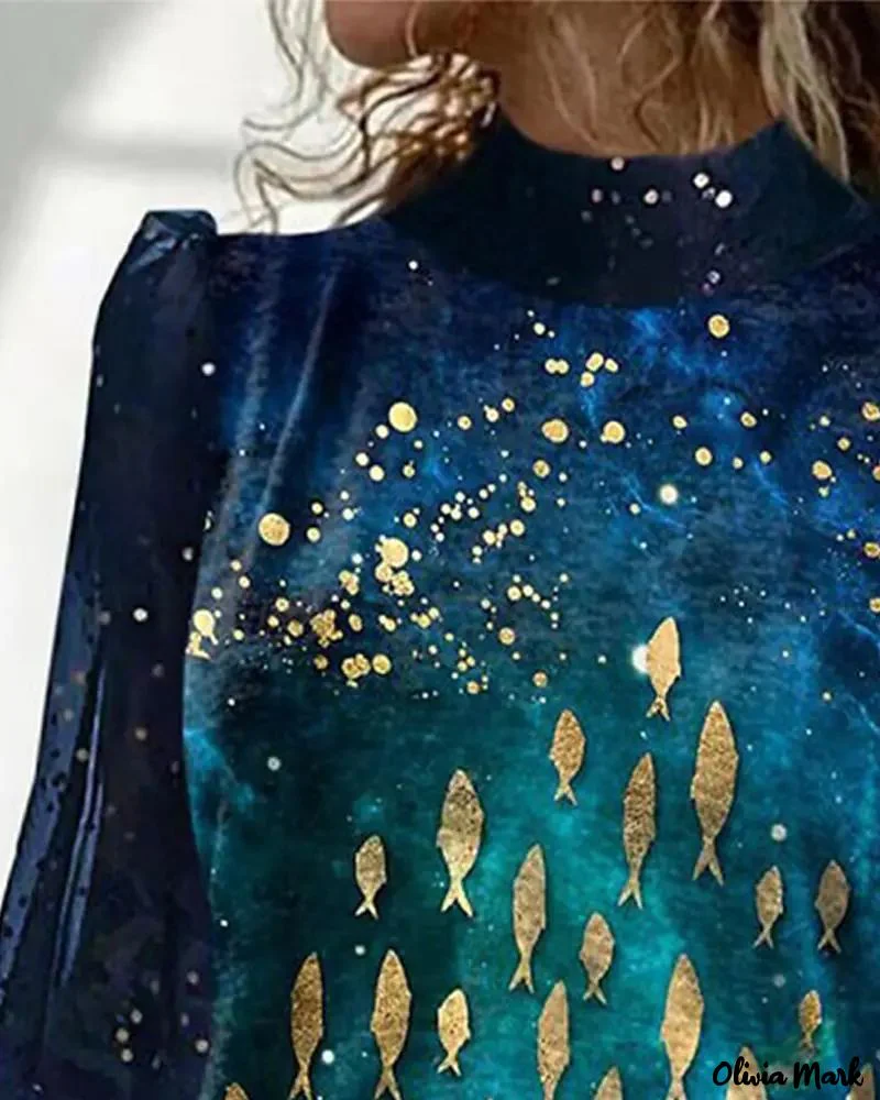 Deanwangkt - Fish Print Contrast Mesh Long Sleeve Top - Deanwangkt