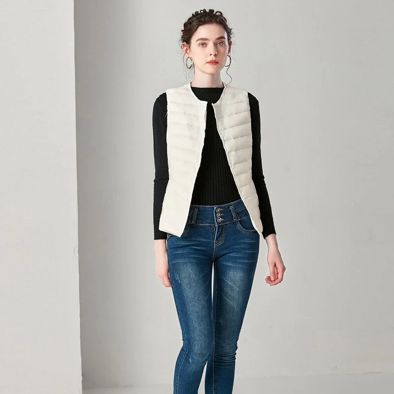 Black Friday Sales New Causal Women White Duck Down Vest Ultra Light Vest Jacket Winter Weightless Round Collar Sleeveless Coat Outwear - Deanwangkt