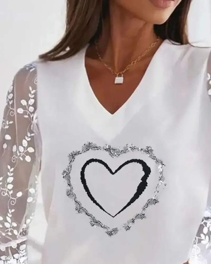 Deanwangkt - Heart Print Contrast Lace Long Sleeve Top - Deanwangkt