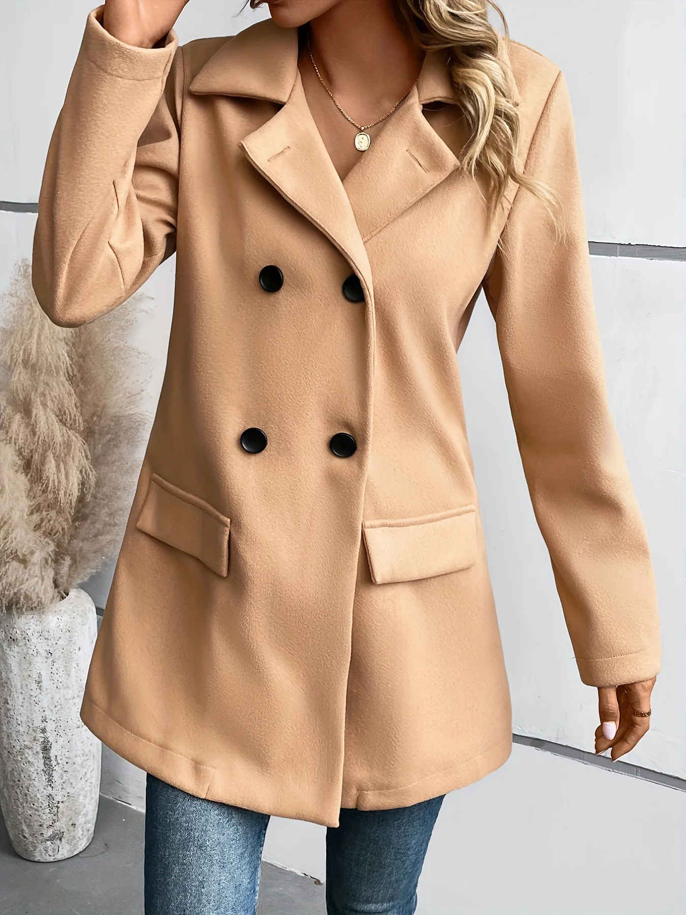 deanwangkt-1  Belted Double Breasted Pocket Trench Coat, Casual Lapel Neck Long Sleeve Coat, Women's Clothing - Deanwangkt