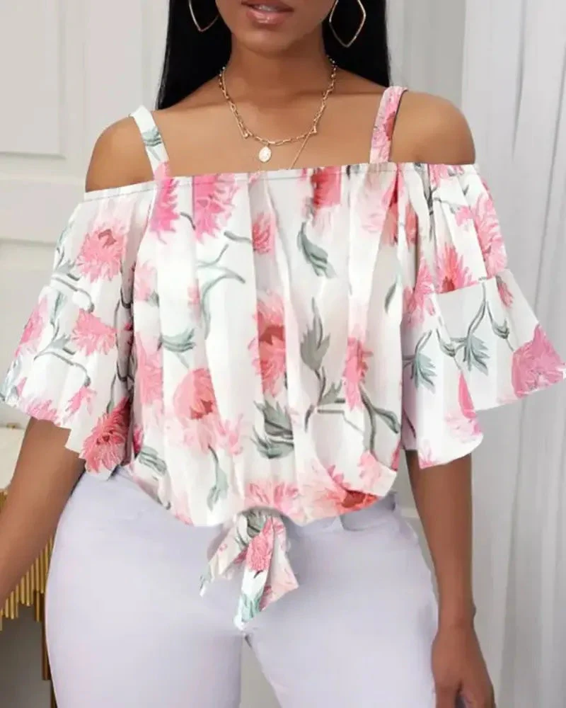 Deanwangkt - Off Shoulder Floral Tie Front Bell Sleeve Top - Deanwangkt
