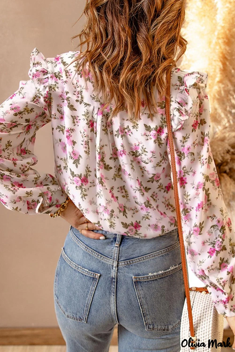 Deanwangkt - Pink Floral Print V-Neck Puff Sleeve Surplice Blouse - Deanwangkt
