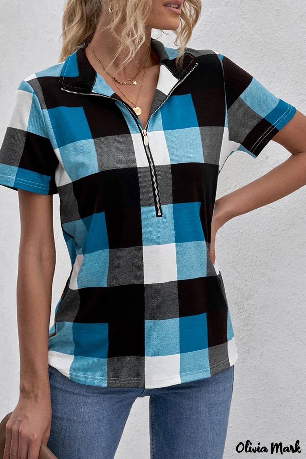 Deanwangkt - Blue Checked Zip V-Neck Short Sleeve Blouse - Deanwangkt