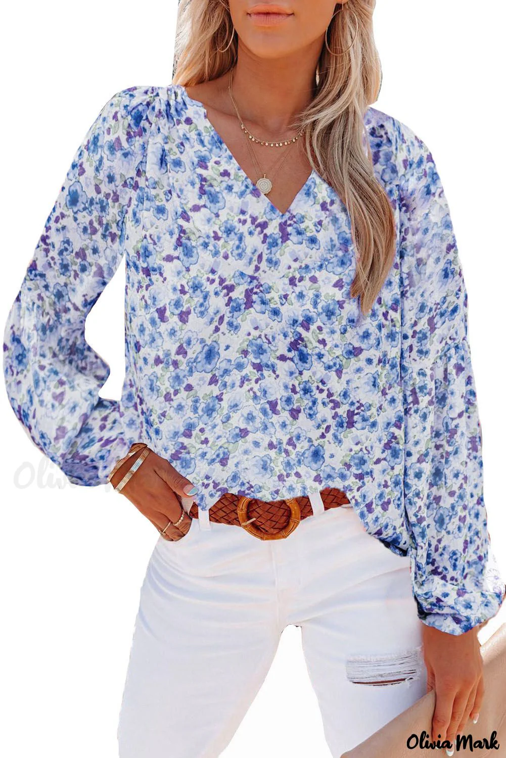 Deanwangkt - Blue Floral Split V-Neck Blouse - Deanwangkt