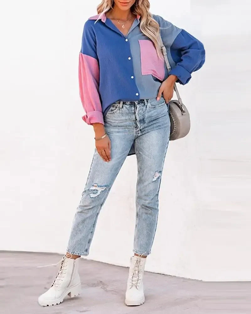 Deanwangkt - Color Block Long Sleeve Button Down Shirt - Deanwangkt