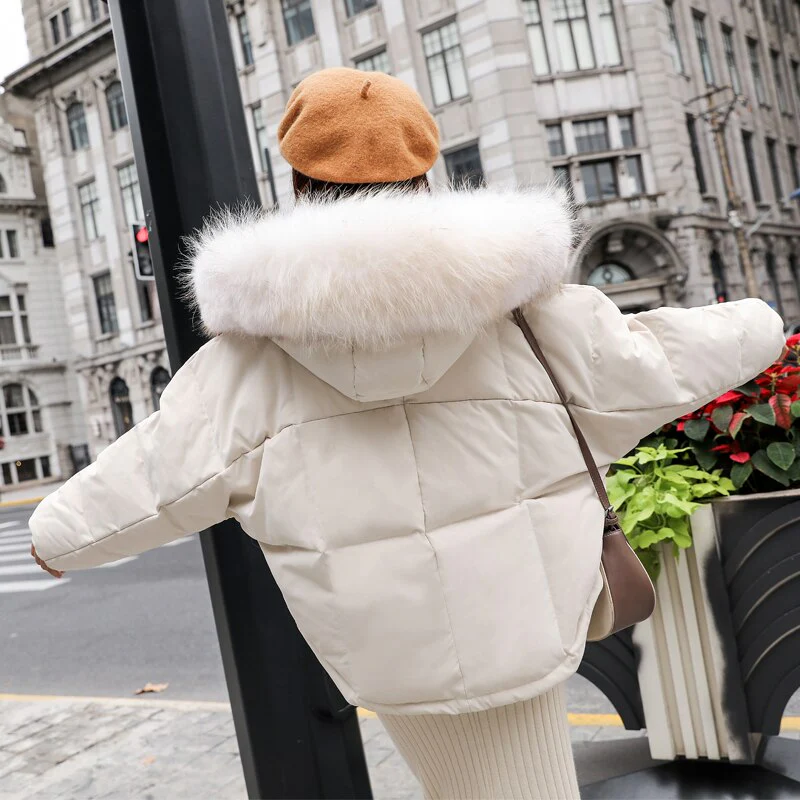 Black Friday Sales New Winter Warm 90% White Duck Down Parka Women Large Natural Fur Collar Hooded Short Jacket Coat Loose Outwear - Deanwangkt