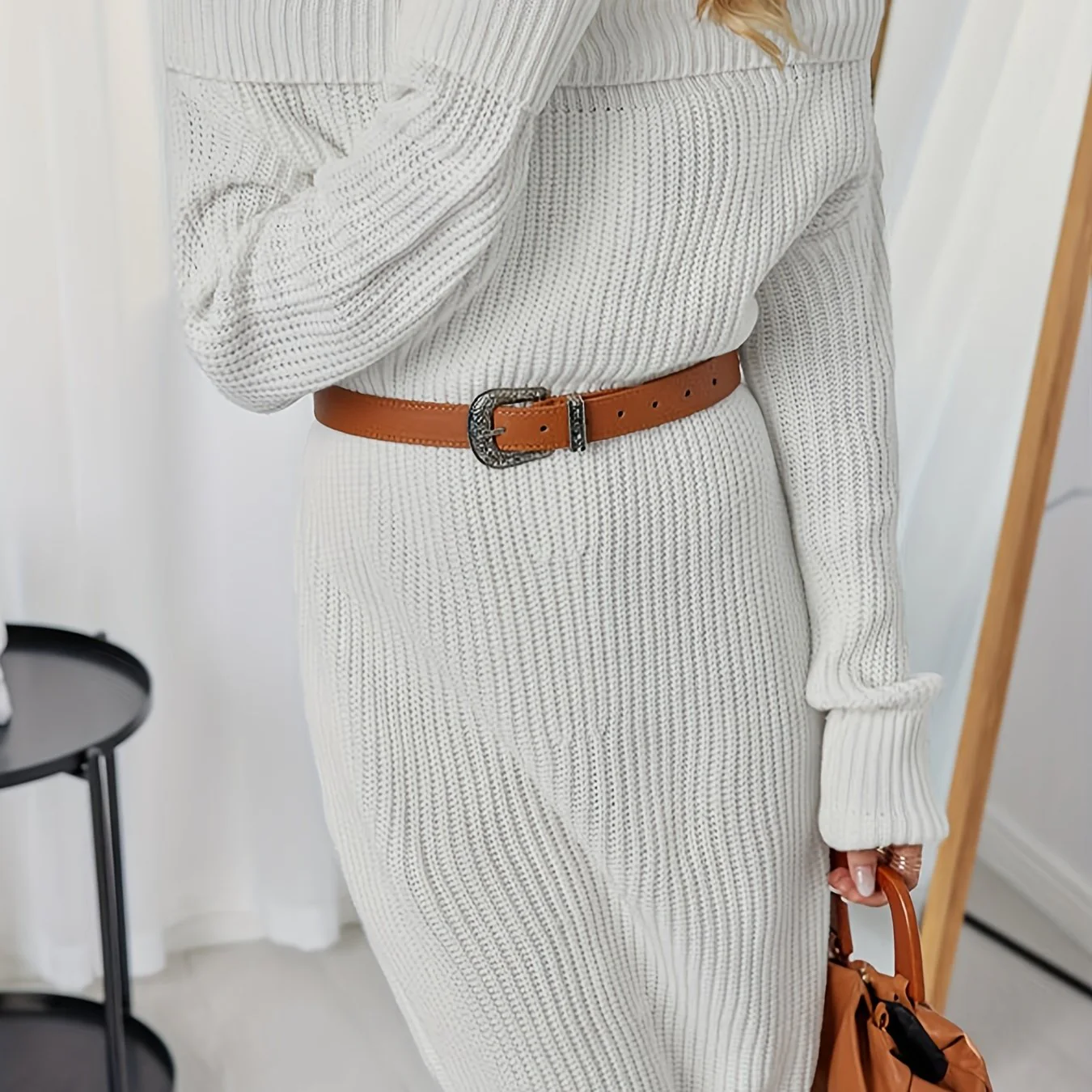 deanwangkt-1  Solid Off Shoulder Rib Knit Dress, Casual Long Sleeve Midi Dress For Fall & Winter, Women's Clothing - Deanwangkt