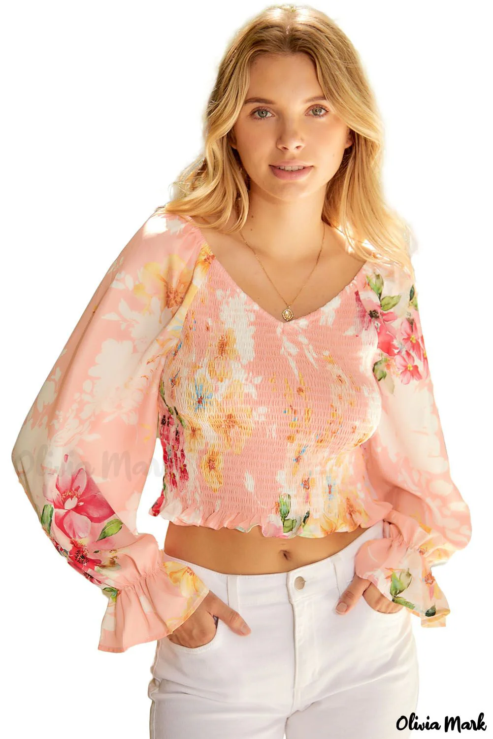 Deanwangkt - Nude Floral V-Neck Smocked Bishop Sleeve Top - Deanwangkt