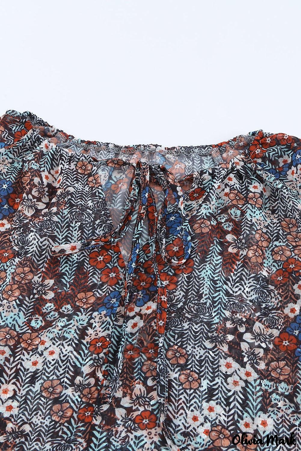 Deanwangkt - Multicolor Floral Print Drawstring Long Sleeve Blouse - Deanwangkt