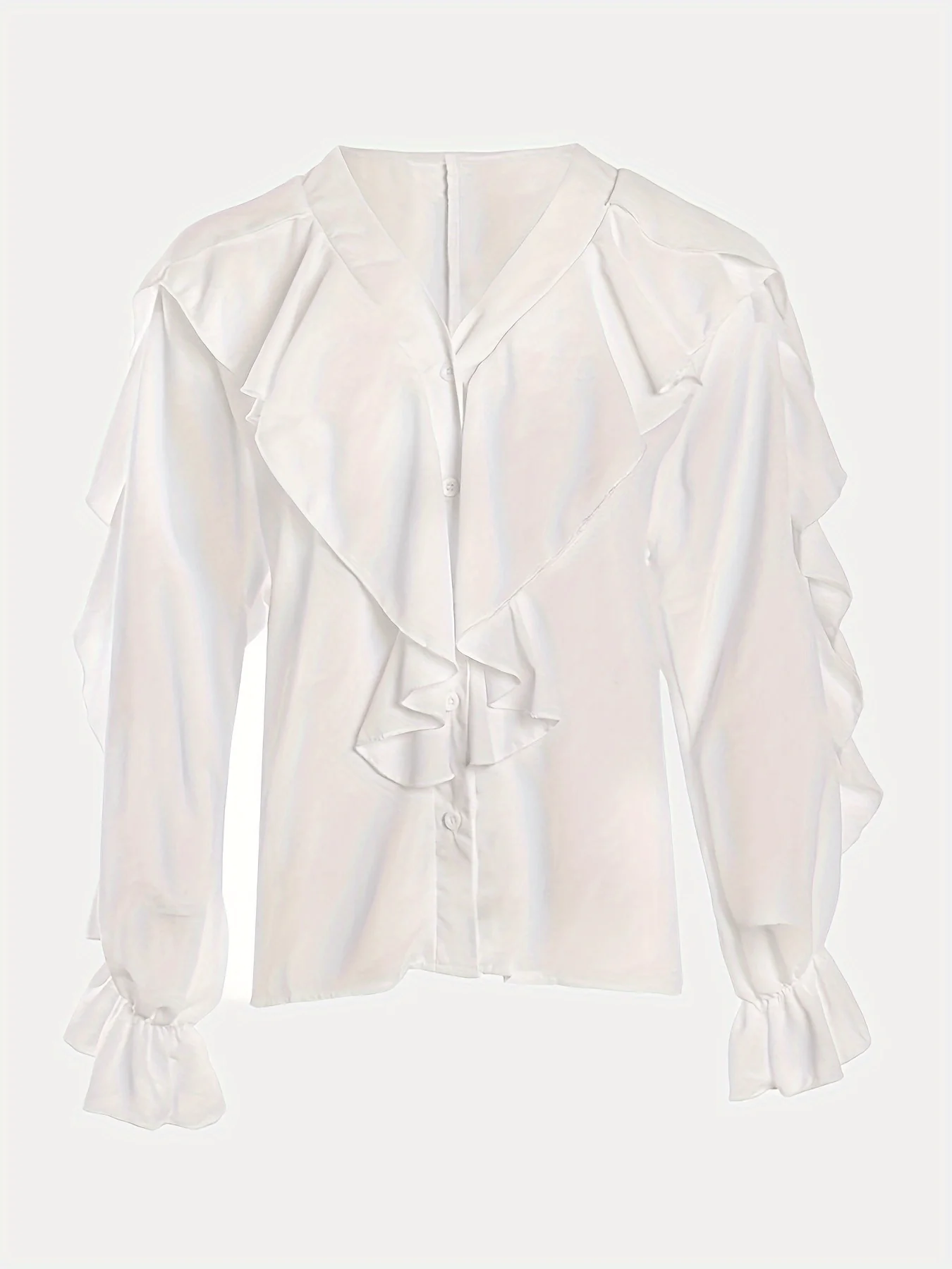 Ruffle Trim Solid Blouse, Sexy V Neck Button Front Long Sleeve Blouse, Women's Clothing - Deanwangkt