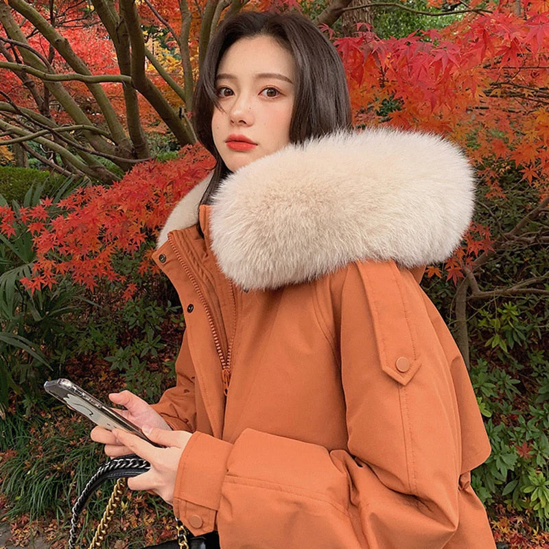 Black Friday Sales Deanwangkt New Fashion Down Jacket Women Medium Length Thickened Fox Hair Collar Slim Knee Hooded Warm Outdoor Coat - Deanwangkt