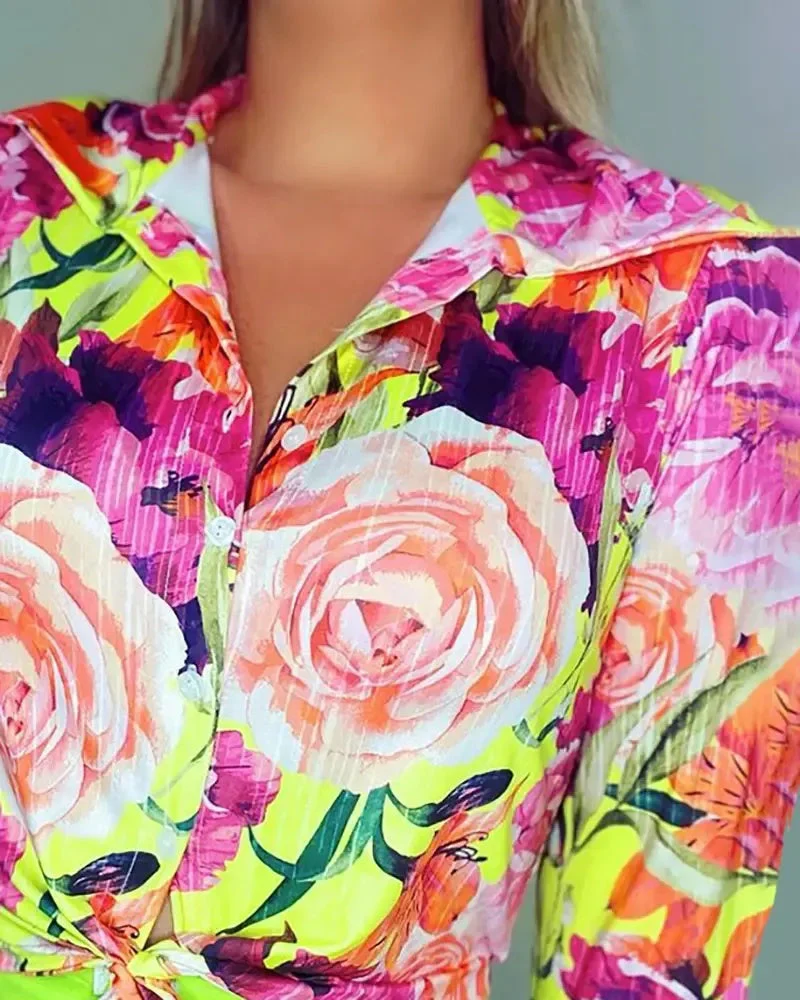 Deanwangkt - Floral Print Tie Front Long Sleeve Shirt - Deanwangkt