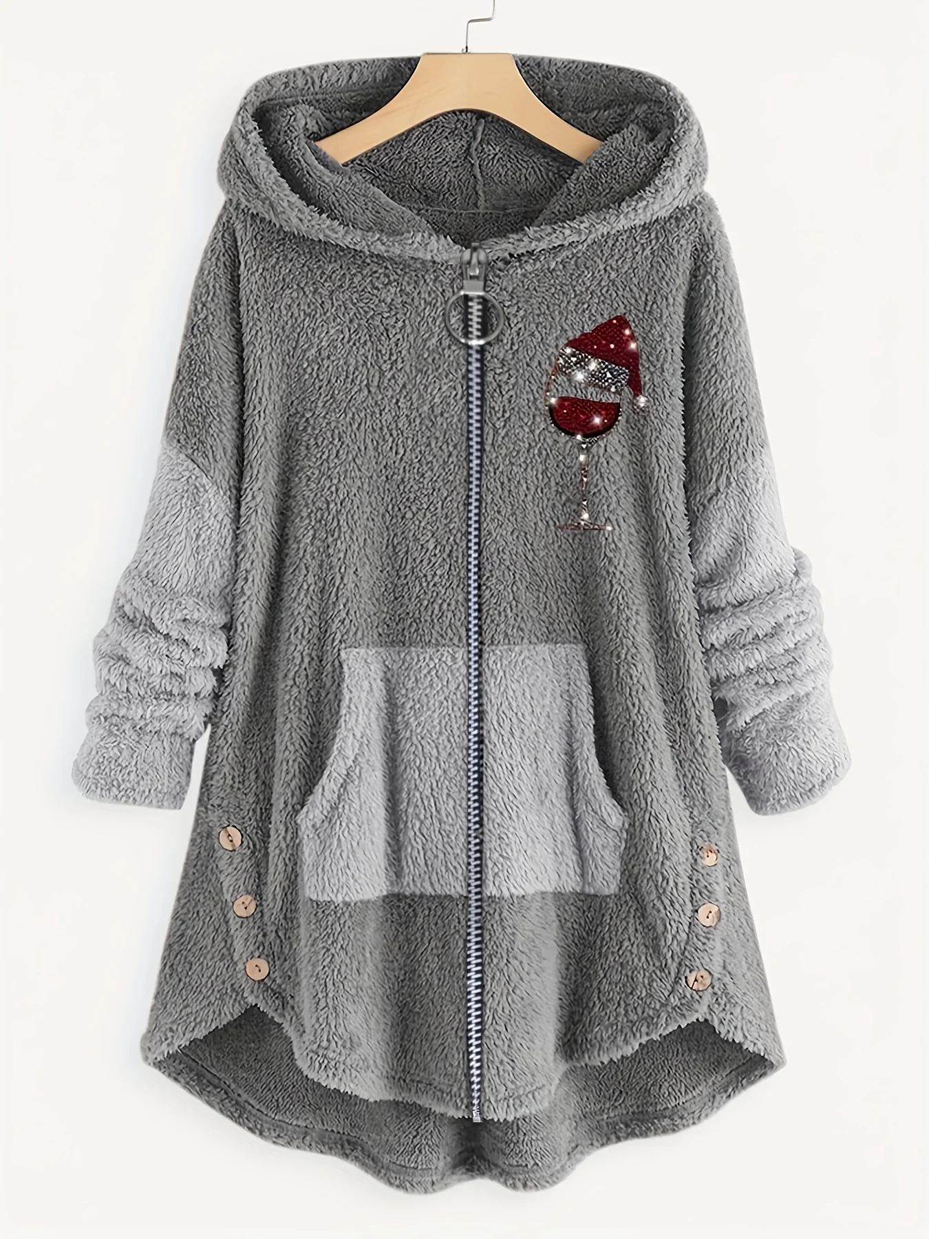 deanwangkt-1  Plus Size Christmas Casual Coat, Women's Plus Sequin Christmas Hat Wine Glasses Zipper Long Sleeve Plush Hooded Teddy Coat - Deanwangkt