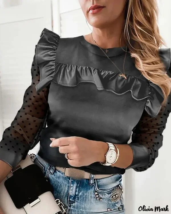 Deanwangkt - Polka Dot Knit Ruffle Hem Long Sleeve Top - Deanwangkt