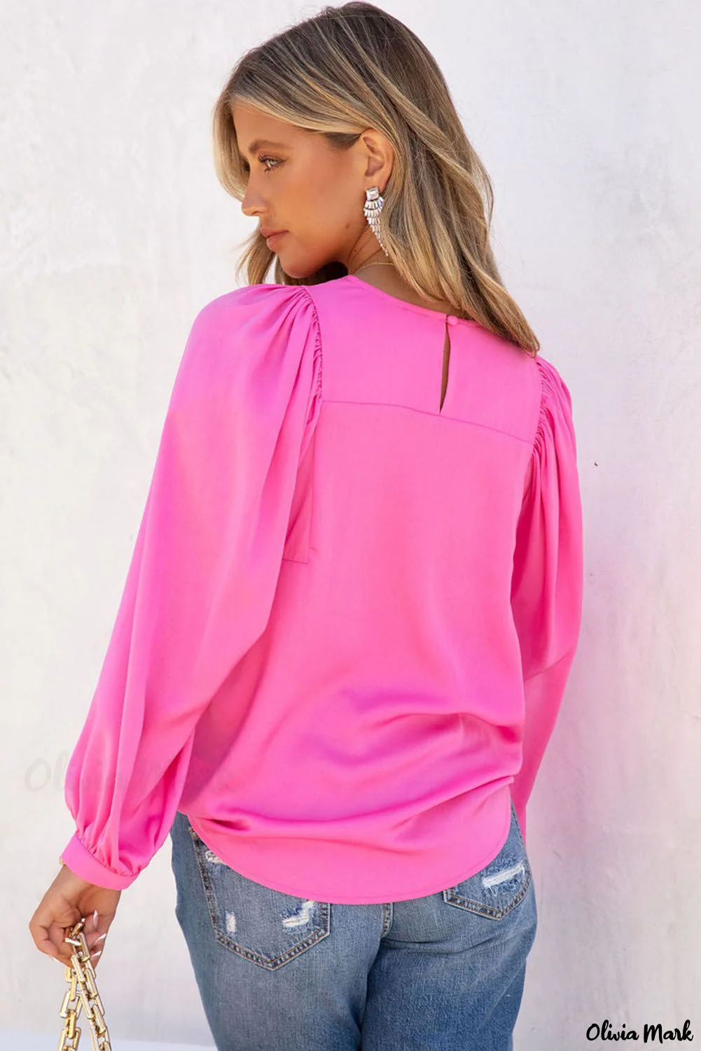 Deanwangkt - Satin Puff Long Sleeve Crewneck Blouse - Deanwangkt