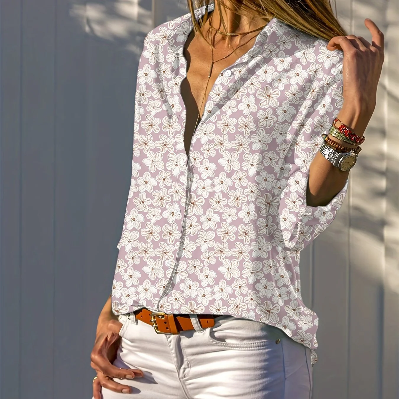 Floral Print Button Front Shirt, Casual Long Sleeve Shirt For Spring & Fall, Women's Clothing - Deanwangkt