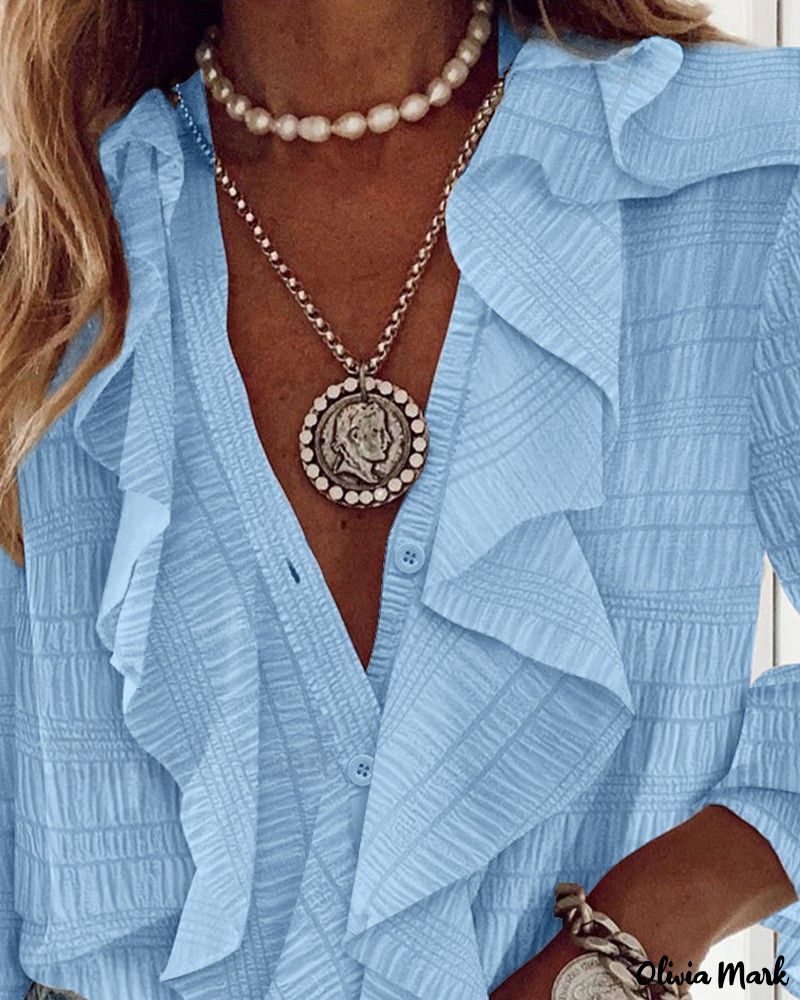 Deanwangkt - Textured Long Sleeve Blouse with Ruffled Hem - Deanwangkt