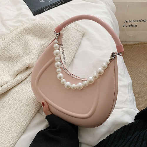Back To College Deanwangkt Kawaii Tote PU Leather Half Moon Armpit Bag With Pearl Short Handle Women's Designer Handbag Luxury Shoulder Crossbody Bag - Deanwangkt
