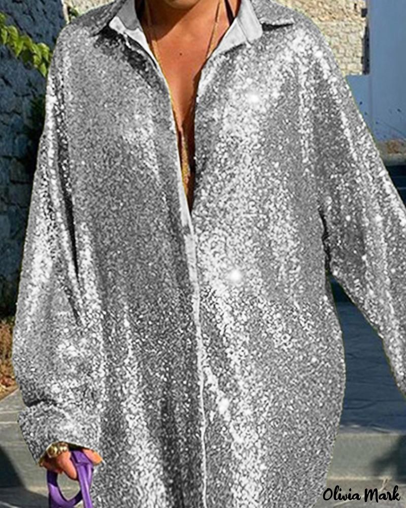 Deanwangkt - Stylish Long Sleeve Top with Allover Sequin Detail and Turn-down Collar - Deanwangkt