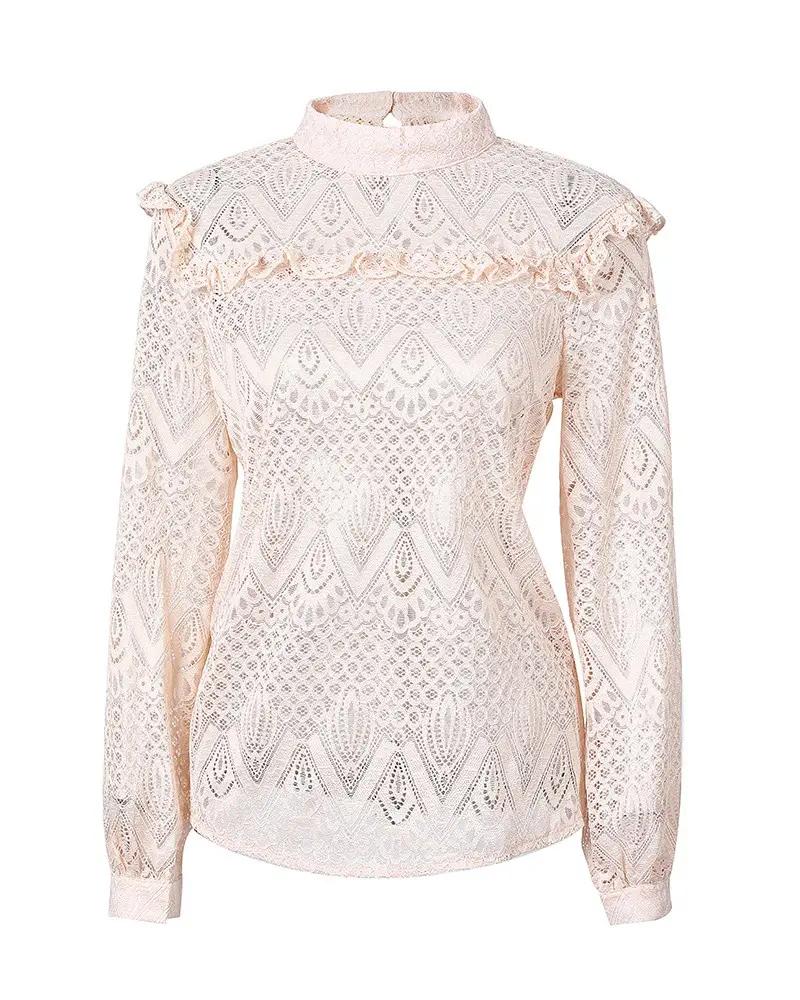 Deanwangkt - Hollow Out Ruffled Lace Long Sleeve Top - Deanwangkt