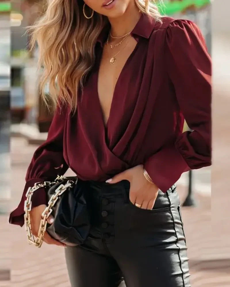 Deanwangkt - Long Sleeve Plunge Neck Top - Deanwangkt