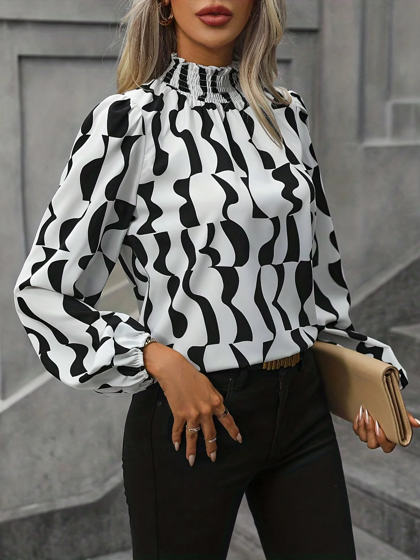 All Over Print Blouse, Elegant Long Sleeve Mock Neck Blouse, Women's Clothing - Deanwangkt