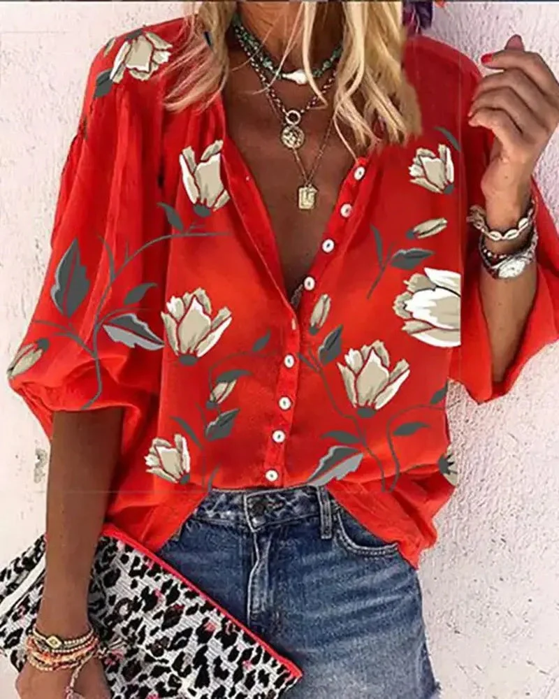 Deanwangkt - Floral Print Button Down Shirt with Lantern Sleeves - Deanwangkt