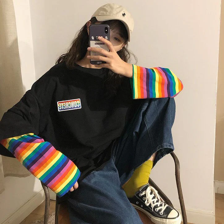 Black Friday Sales Rainbow Sleeve Harajuku T-Shirt Women's Stitching Long Sleeve T-Shirt Stripe Printing O-Neck Chic Tops Deanwangkt Summer Streetwear - Deanwangkt