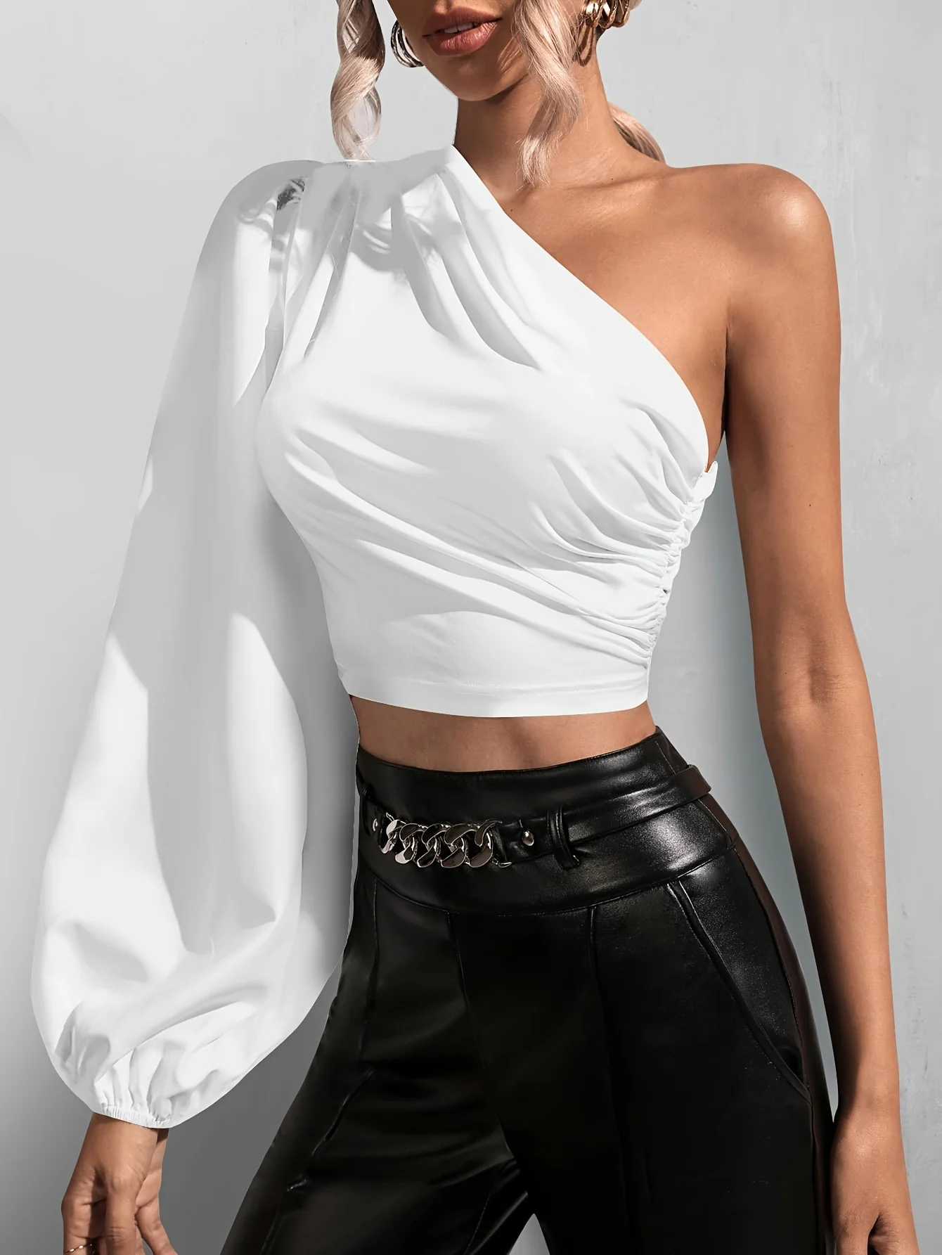 Solid Ruched One Shoulder Blouse, Casual Long Sleeve Blouse For Spring & Fall, Women's Clothing - Deanwangkt