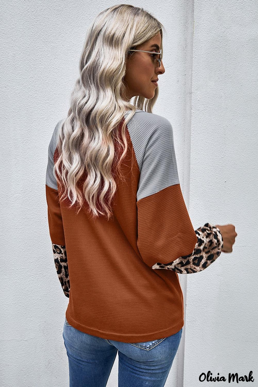 Deanwangkt - Black Waffle Knit Leopard Long Sleeve Twist Knot Blouse - Deanwangkt