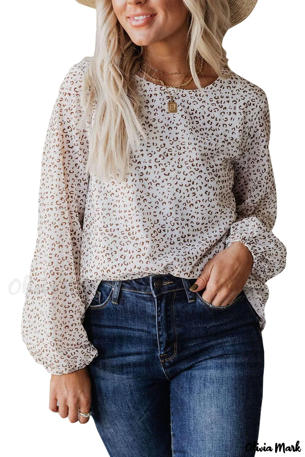 Deanwangkt - Leopard Long Sleeve Round Neck Blouse - Deanwangkt