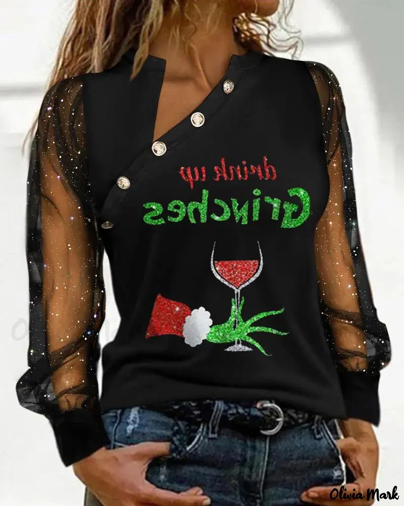Deanwangkt - Christmas Grinch Print Sparkly Sheer Tulle Long Sleeve Top - Deanwangkt