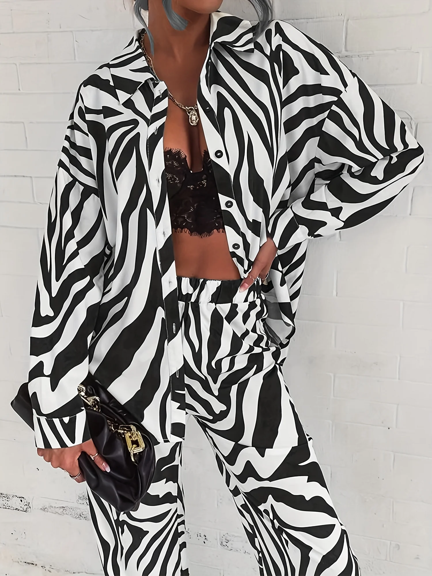 deanwangkt-1 Zebra Print Two-piece Set, Elegant Long Sleeve Button Shirt & Wide Leg Pants Outfits, Women's Clothing - Deanwangkt