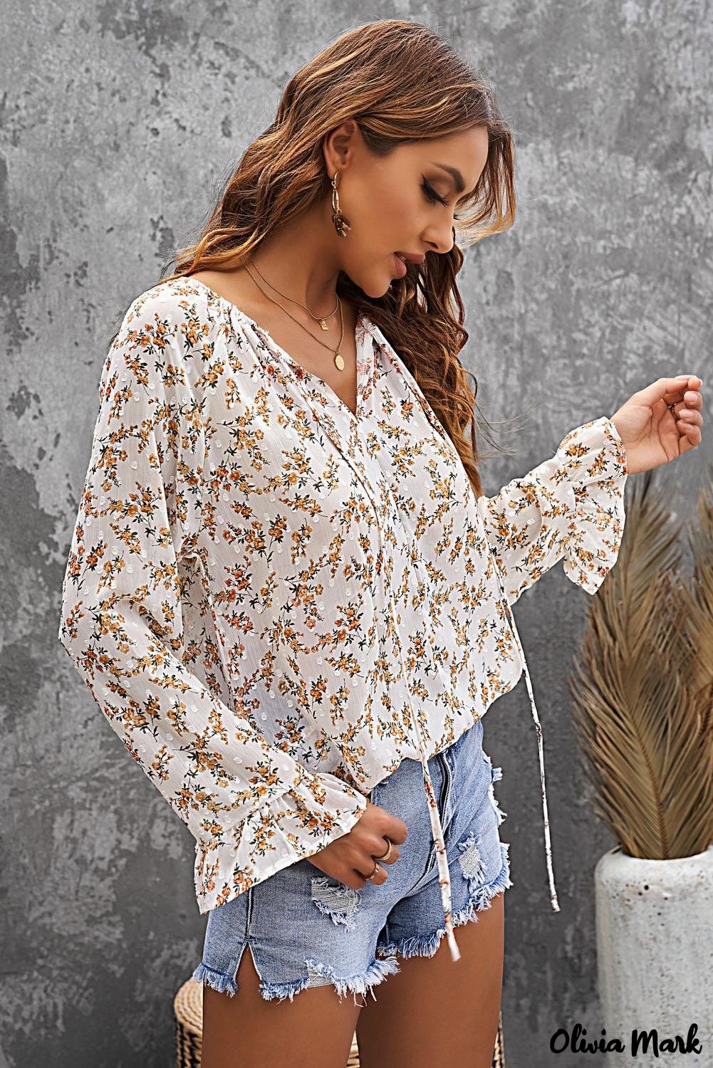 Deanwangkt - Multicolor Floral Print Drawstring Long Sleeve Blouse - Deanwangkt