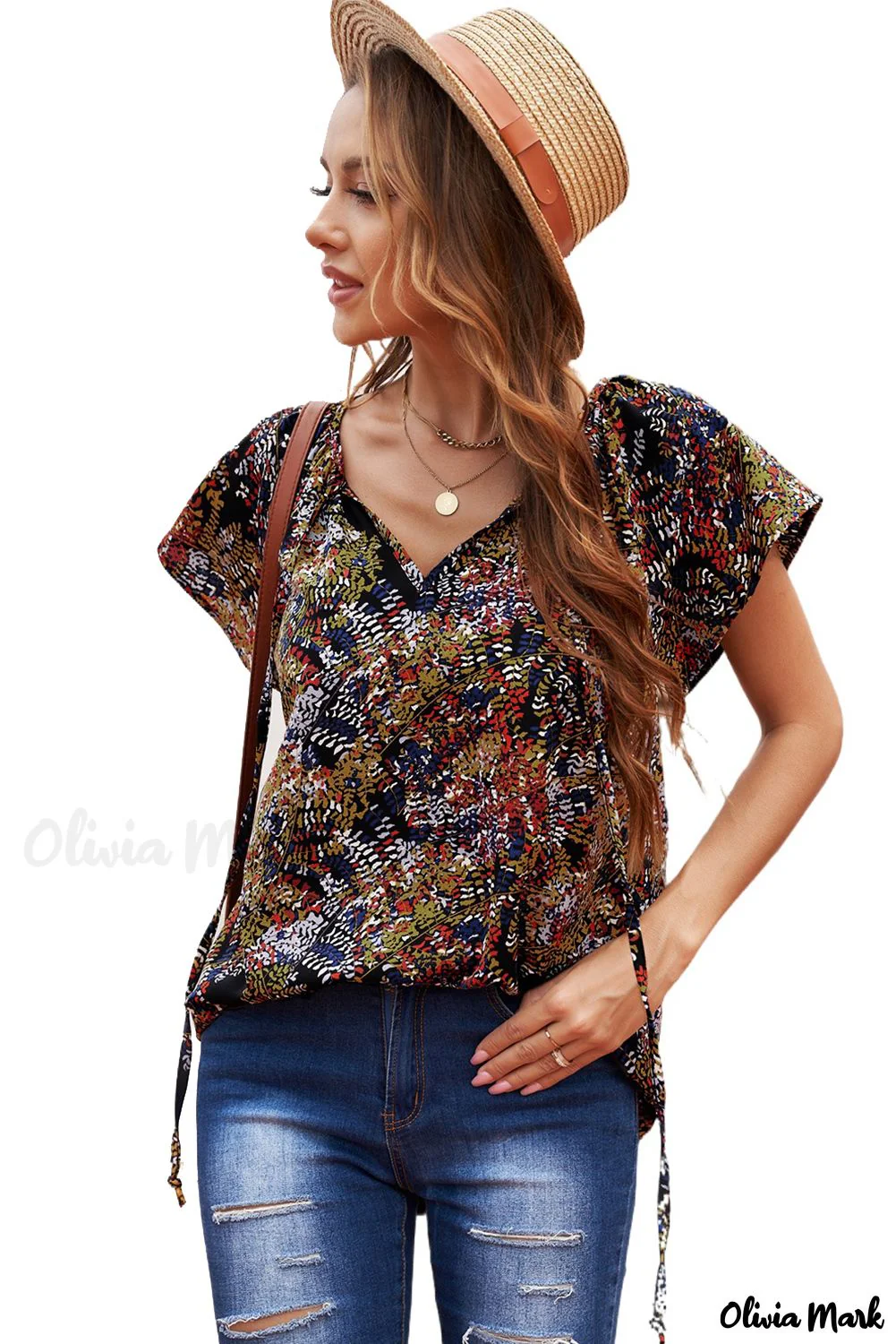 Deanwangkt - Fancy multicolored ruffled blouse with V-neck and short sleeves - Deanwangkt
