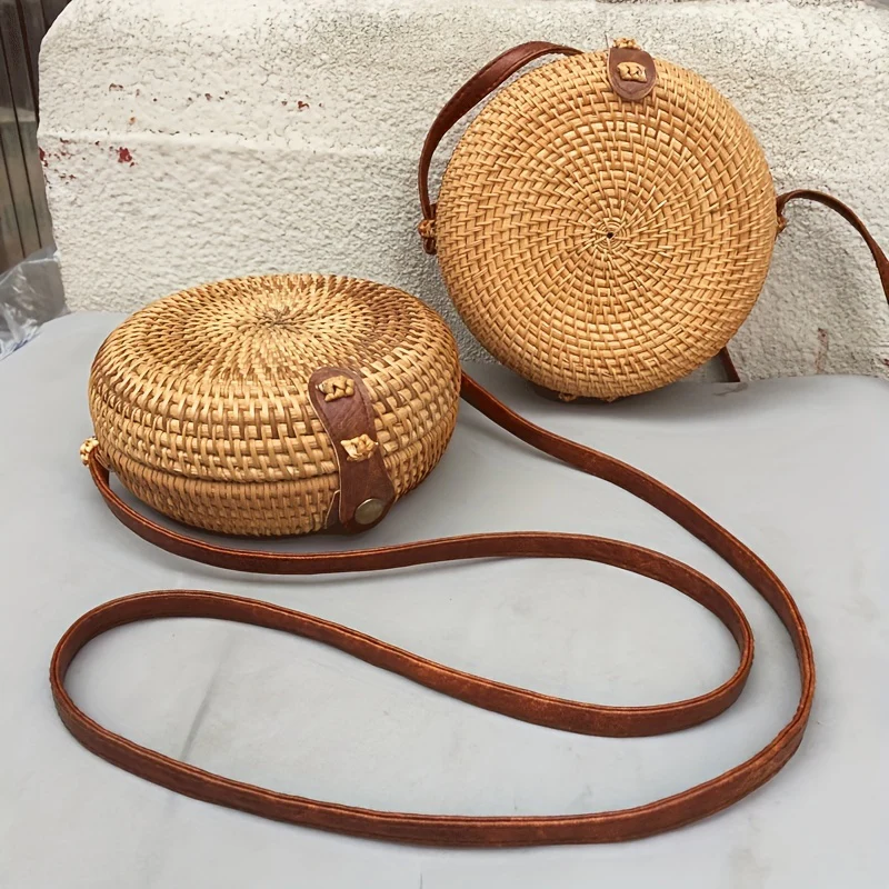 deanwangkt-1 Mini Rattan Woven Round Bag, Boho Style Square Beach Bag, Fashion Straw Braided Crossbody Purses (18.01x7.01cm)) - Deanwangkt