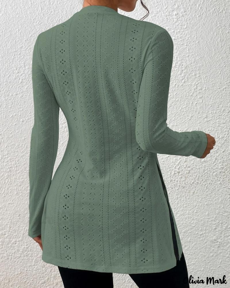 Deanwangkt - Womens Long Sleeve Eyelet Embroidery Slit Blouse - Deanwangkt