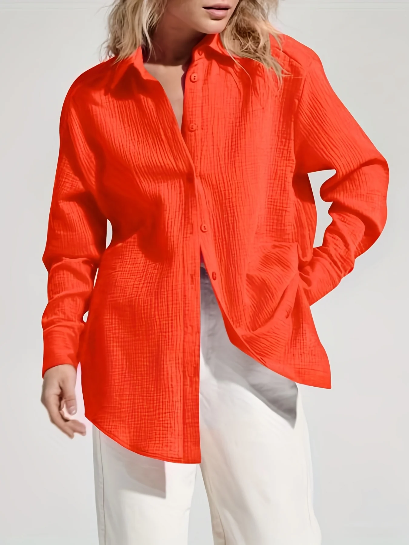 Solid Simple Shirt, Casual Button Front Long Sleeve Shirt, Women's Clothing - Deanwangkt