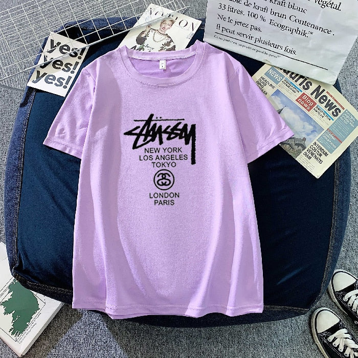 Christmas Gift Deanwangkt Couple Outfit Printing Collarless Youth Leisure Grey Straight Tube Summer Ordinary Short Sleeve Cotton Men's Women Wear New - Deanwangkt