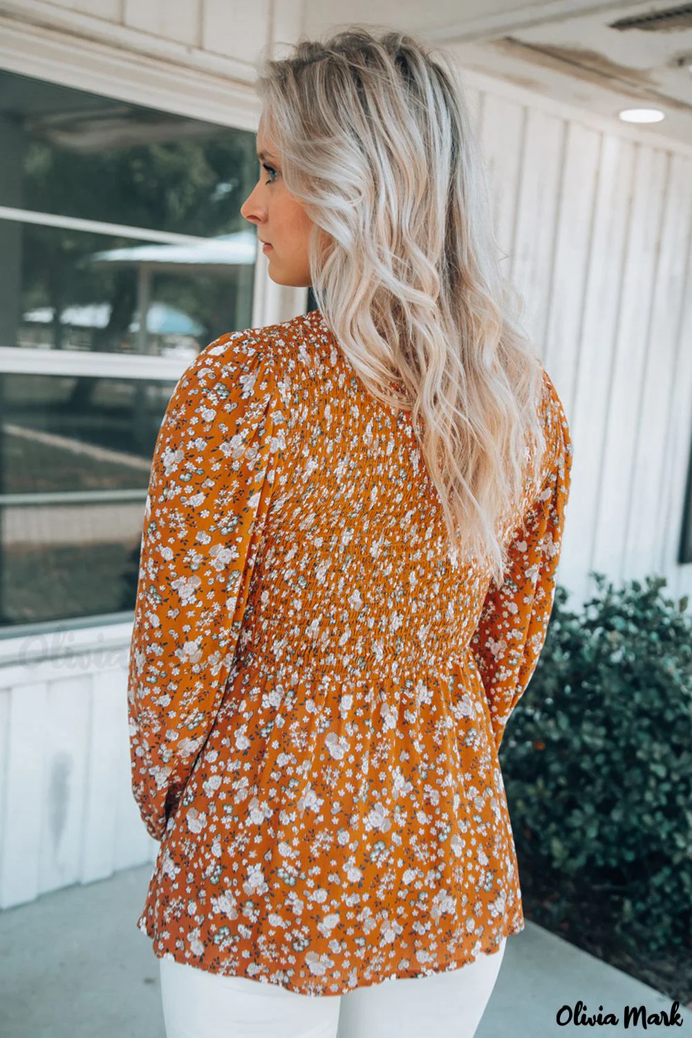 Deanwangkt - Orange Floral Print Ruched Long Sleeve V-Neck Blouse - Deanwangkt