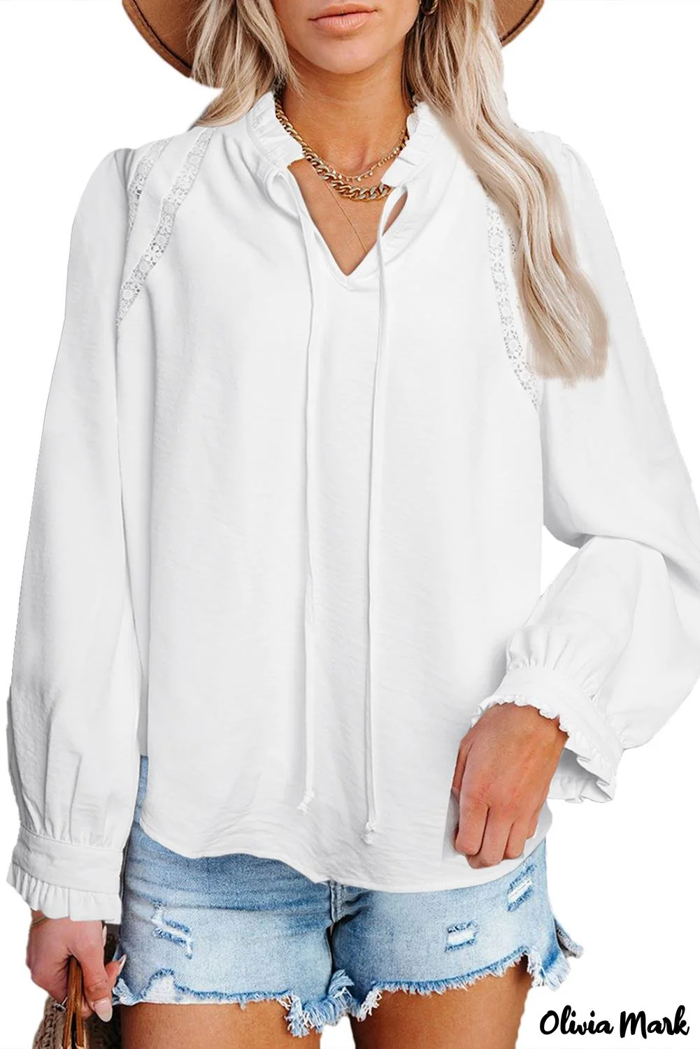 Deanwangkt - White Lace Patchwork Ruffle Long Sleeve Blouse - Deanwangkt