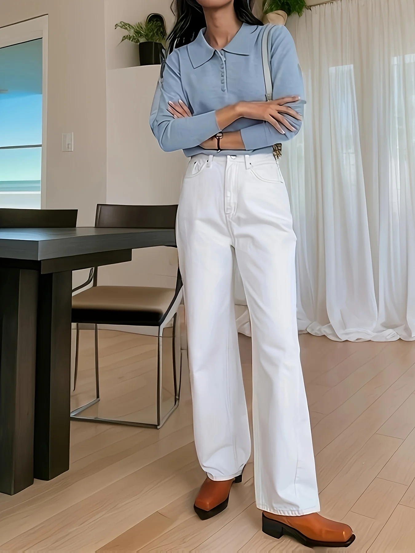 deanwangkt-1 Solid Button Polo Collar Knitted Top, Elegant Long Sleeve Sweater, Women's Clothing - Deanwangkt