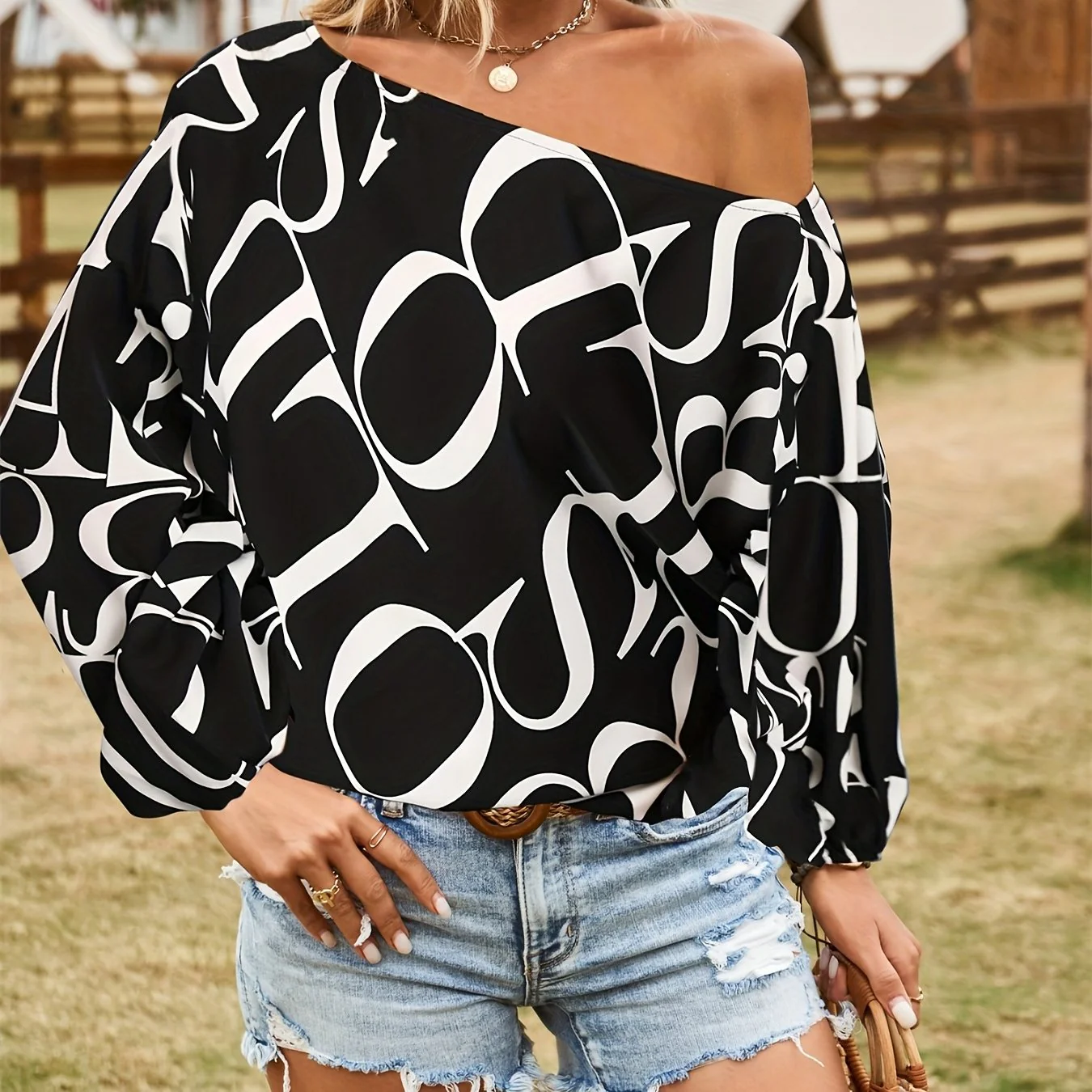 Letter Print Lantern Sleeve Blouse, Casual Random Printing Blouse For Spring & Summer, Women's Clothing - Deanwangkt