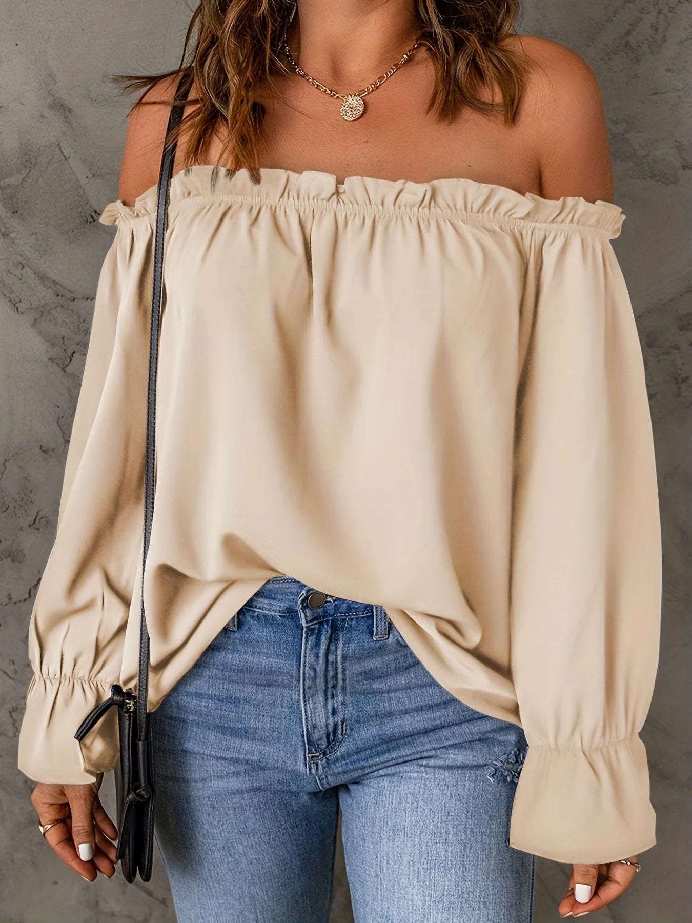 Off Shoulder Ruffle Trim Blouse, Casual Solid Long Sleeve Blouse For Spring & Fall, Women's Clothing - Deanwangkt