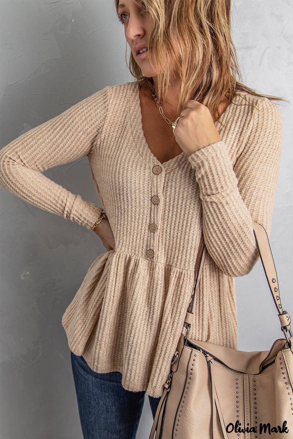 Deanwangkt - Waffle Knit Long Sleeve Buttoned V-Neck Top - Deanwangkt