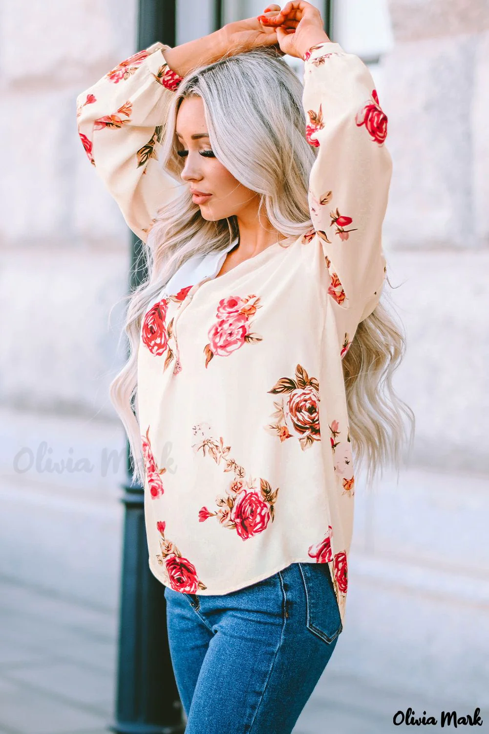 Deanwangkt - Beige Floral Print V-Neck Button Down Blouse - Deanwangkt