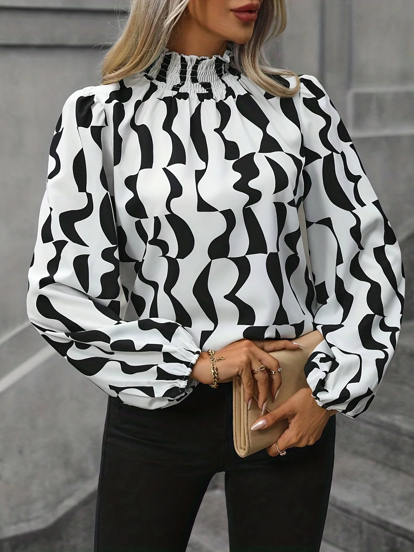 All Over Print Blouse, Elegant Long Sleeve Mock Neck Blouse, Women's Clothing - Deanwangkt